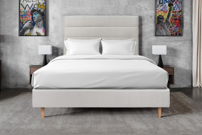 Lit 150x190 cm - Sommier tapissier H35 cm + tête de lit à lignes - Tissu Velours Gris Clair