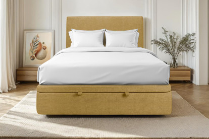 Lit coffre 140x190 cm avec Tête de lit tapissée - Tissu Toile natté Jaune