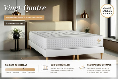 Pack lit complet 200x200 cm - Matelas + Sommier Blanc (en kit) + 2 oreillers + Couette - Vingt-Quatre