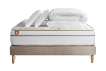 Pack lit complet 180x200 cm - Matelas + Sommier Beige (en kit) + 2 oreillers + Couette - Le Paisible