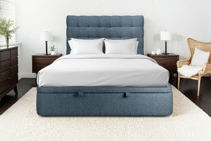 Lit coffre 140x190 cm avec Tête de lit capitonnée - Tissu Bouclette Bleu
