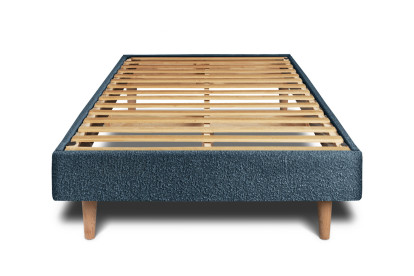 Lit 90x190 cm - Sommier à lattes H29 cm + tête de lit capitonnée - Tissu Bouclette Bleu