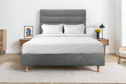 Lit 150x190 cm - Sommier tapissier H35 cm + tête de lit à lignes - Tissu Toile natté Gris Anthracite