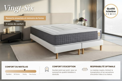 Pack lit complet 200x200 cm - Matelas + Sommier Gris (en kit) + 2 oreillers + Couette - Vingt-Six