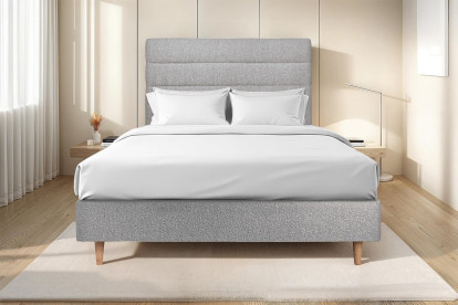 Lit 150x190 cm - Sommier tapissier H35 cm + tête de lit à lignes - Tissu Bouclette Gris