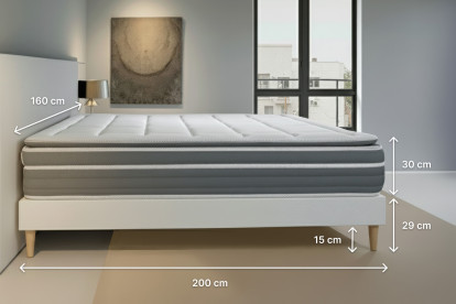 Pack lit complet 160x200 cm - Matelas + Sommier Gris + 2 oreillers + Couette - Trente PLUS