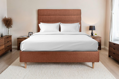 Lit 150x190 cm - Sommier tapissier H35 cm + tête de lit à lignes - Tissu Bouclette Terracotta
