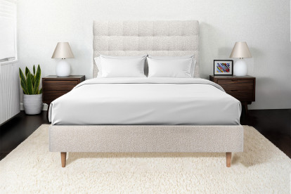 Lit 150x190 cm - Sommier tapissier H35 cm + tête de lit capitonnée - Tissu Bouclette Beige Clair