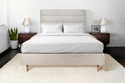 Lit 150x190 cm - Sommier tapissier H35 cm + tête de lit à lignes - Tissu Bouclette Beige Clair