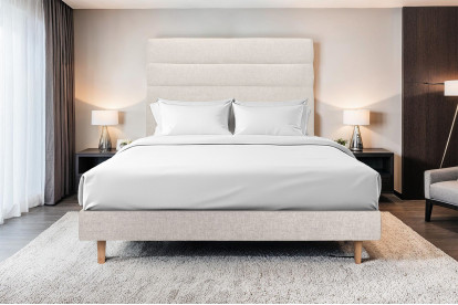 Lit 140x200 cm - Sommier tapissier H29 cm + tête de lit à lignes - Tissu Toile natté Beige Clair