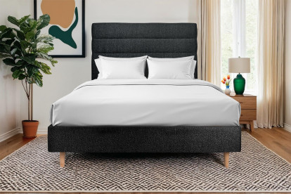 Lit 150x190 cm - Sommier tapissier H35 cm + tête de lit à lignes - Tissu Bouclette Noir