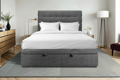 Lit coffre 200x200 cm avec Tête de lit capitonnée - Tissu Toile natté Gris Anthracite