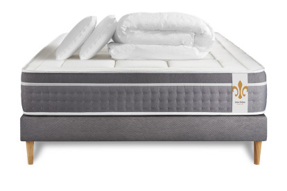 Pack lit complet 140x190 cm - Matelas + Sommier Gris + 2 oreillers + Couette - Trente
