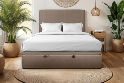 Lit coffre 140x190 cm avec Tête de lit tapissée - Tissu Velours Taupe