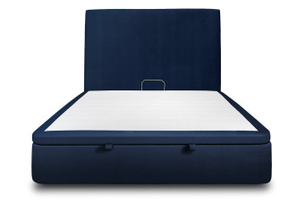 Lit coffre 140x190 cm avec Tête de lit tapissée - Tissu Velours Bleu Océan