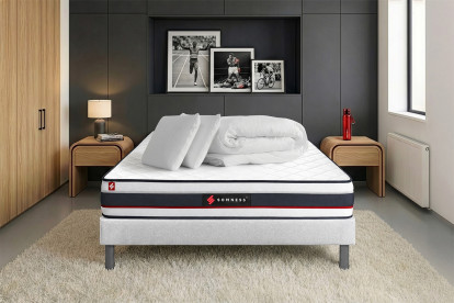 Pack lit complet 180x200 cm - Matelas + Sommier Blanc (en kit) + 2 oreillers + Couette - Form