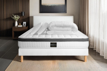 Pack lit complet 200x200 cm - Matelas + Sommier Blanc (en kit) + 2 oreillers + Couette - Supérieur