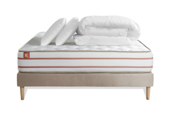 Pack lit complet 200x200 cm - Matelas + Sommier Beige (en kit) + 2 oreillers + Couette - Le Doux