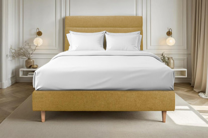 Lit 140x190 cm - Sommier tapissier H35 cm + tête de lit à lignes - Tissu Toile natté Jaune