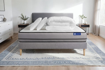 Pack lit complet 200x200 cm - Matelas + Sommier Gris (en kit) + 2 oreillers + Couette - Actilatex Night