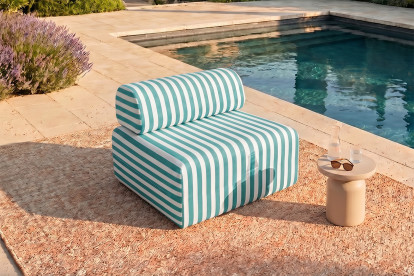 Fauteuil modulable, mousse écologique et assise ferme - Tissu extérieur à rayures, blanc et bleu turquoise