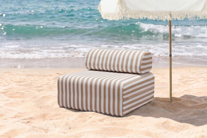 Fauteuil modulable, mousse écologique et assise ferme - Tissu extérieur à rayures, blanc et marron