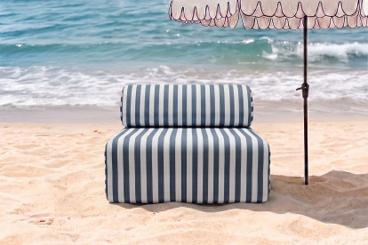 Fauteuil modulable, mousse écologique et assise ferme - Tissu extérieur à rayures, blanc et bleu foncé