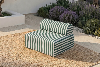 Fauteuil modulable, mousse écologique et assise ferme - Tissu extérieur à rayures, blanc et vert foncé