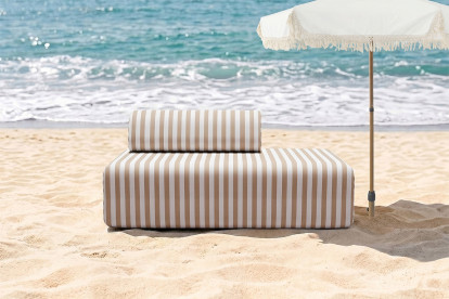 Canapé 2 places modulable, mousse écologique et assise ferme  - Tissu extérieur à rayures, blanc et marron