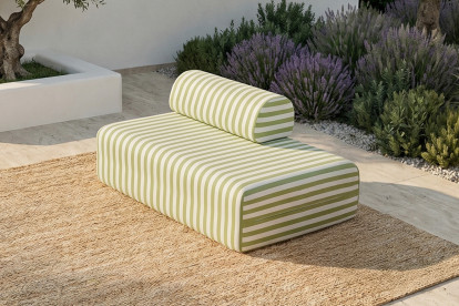 Canapé 2 places modulable, mousse écologique et assise ferme  - Tissu extérieur à rayures, blanc et vert anis