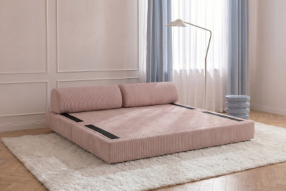 Canapé 3 places convertible et modulable, mousse écologique et assise ferme  - Velours côtelé Rose pâle