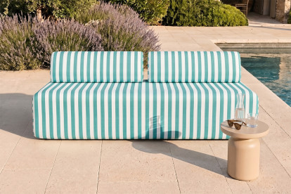 Canapé 3 places modulable, mousse écologique et assise ferme  - Tissu extérieur à rayures, blanc et bleu turquoise