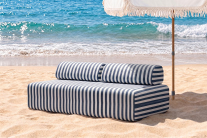 Canapé 3 places modulable, mousse écologique et assise ferme  - Tissu extérieur à rayures, blanc et bleu foncé