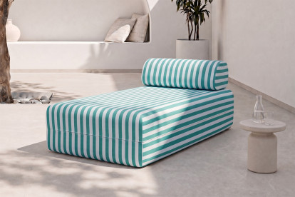 Méridienne modulable, mousse écologique et assise ferme  - Tissu extérieur à rayures, blanc et bleu turquoise