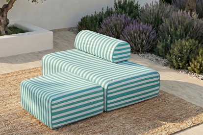Pouf modulable, mousse écologique et assise ferme  - Tissu extérieur à rayures, blanc et bleu turquoise