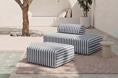 Pouf modulable, mousse écologique et assise ferme  - Tissu extérieur à rayures, blanc et bleu foncé
