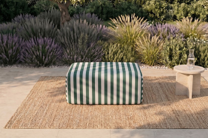 Pouf modulable, mousse écologique et assise ferme  - Tissu extérieur à rayures, blanc et vert foncé