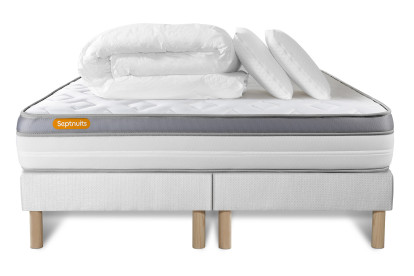 Pack lit complet 200x200 cm - Matelas + 2 Sommiers Blancs + 2 oreillers + Couette - Memo Zen