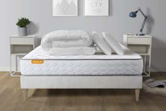 Pack lit complet 200x200 cm - Matelas + Sommier Blanc (en kit) + 2 oreillers + Couette - Memo Pack lit complet 200x200 cm - Matelas + Sommier Blanc (en kit) + 2 oreillers + Couette - Memo