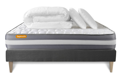 Pack lit complet 200x200 cm - Matelas + Sommier Gris (en kit) + 2 oreillers + Couette - Memo Plus