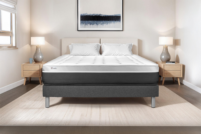 Ensemble Matelas Sommier 135x200 cm - Sommier Gris (en kit) - Vital Soft