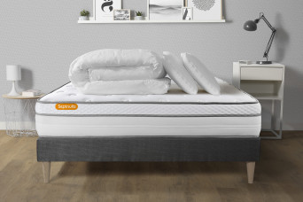 Pack lit complet 200x200 cm - Matelas + Sommier Gris (en kit) + 2 oreillers + Couette - Memo Luxe