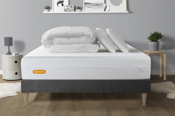 Pack lit complet 200x200 cm - Matelas + Sommier Gris (en kit) + 2 oreillers + Couette - Memo Bio