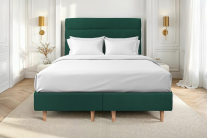Lit 2x 80x200 cm - Sommier tapissier H35 cm + tête de lit à lignes - Tissu Velours Vert
