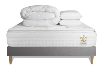 Pack lit complet 200x200 cm - Matelas + Sommier Gris (en kit) + 2 oreillers + Couette - Vingt-Huit PLUS