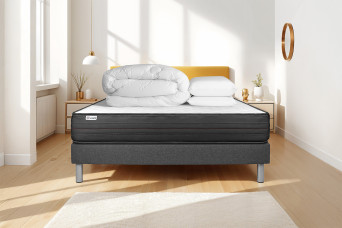 Pack lit complet 200x200 cm - Matelas + Sommier Gris (en kit) + 2 oreillers + Couette - Vitalpower