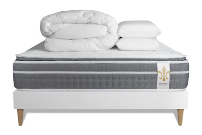 Pack lit complet 140x190 cm - Matelas + Sommier Blanc + 2 oreillers + Couette - Trente PLUS
