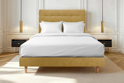 Lit 135x190 cm - Sommier tapissier H29 cm + tête de lit capitonnée - Tissu Toile natté Jaune
