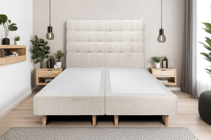 Lit 2x 90x200 cm - Sommier tapissier H35 cm + tête de lit capitonnée - Tissu Bouclette Beige Clair