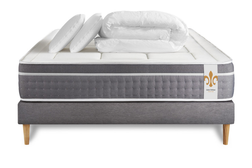 Pack lit complet 140x190 cm - Matelas + Sommier Gris + 2 oreillers + Couette - Trente